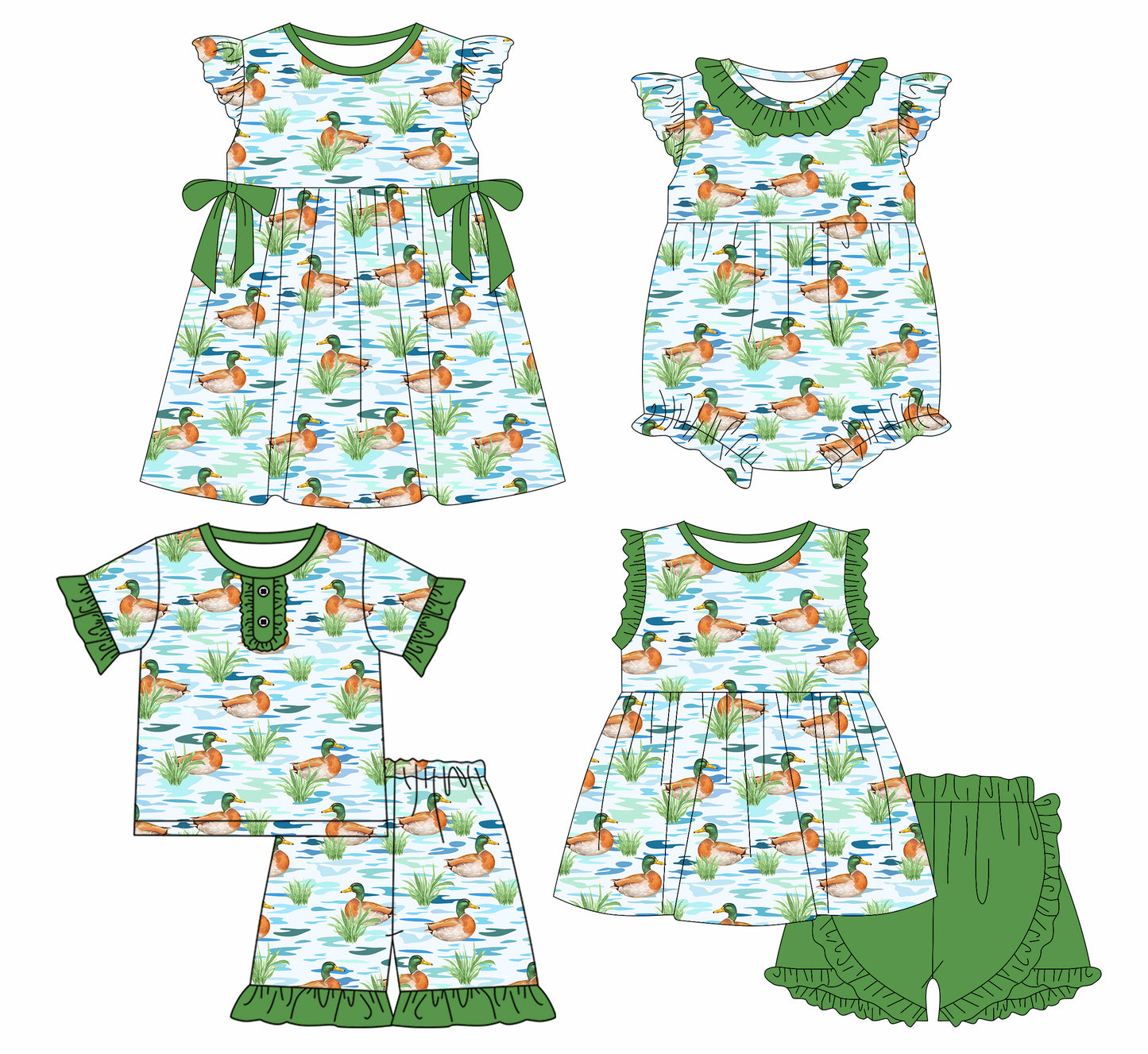 1.13 custom each style moq 5eta 4-6week Sibling Sister duck Baby girl short sleeve shorts sets and sets 2 and girls romper and boy romper and dress match design