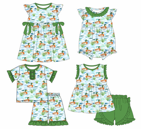 1.13 custom each style moq 5eta 4-6week Sibling Sister duck Baby girl short sleeve shorts sets and sets 2 and girls romper and boy romper and dress match design