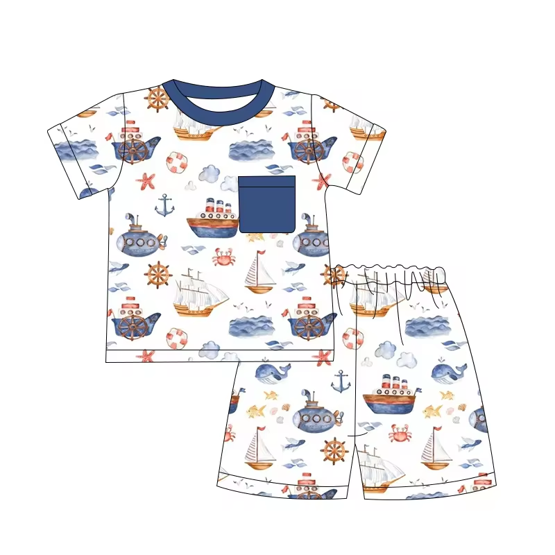 5.14custom each style moq 5eta 4-5week Sibling Sister cruise ship print white-blue boys outfits and baby romper match family design