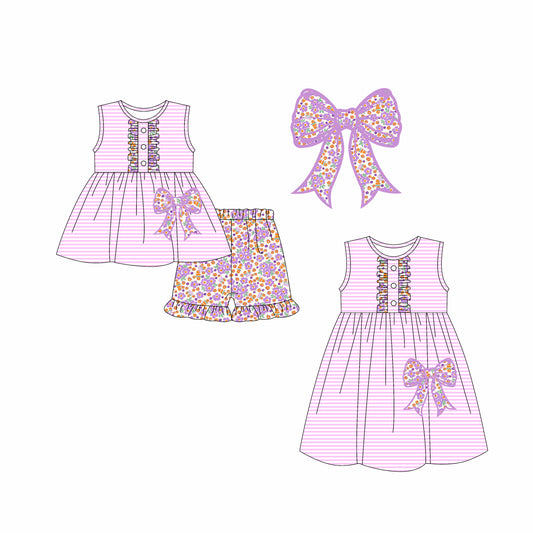 2.12 custom each style moq 5eta 4-6week Sibling Sister bow baby girl short sleeve shorts sets and dresses match design