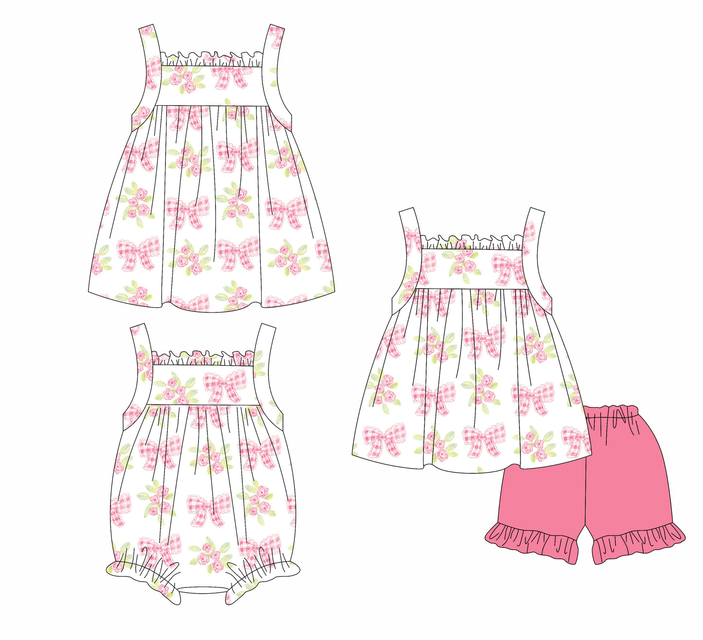 1.18 custom each style moq 5eta 4-6week Sibling Sisters bow floral baby girl short sleeve shorts sets and dress and rompers match family design