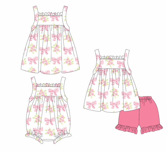 1.18 custom each style moq 5eta 4-6week Sibling Sisters bow floral baby girl short sleeve shorts sets and dress and rompers match family design