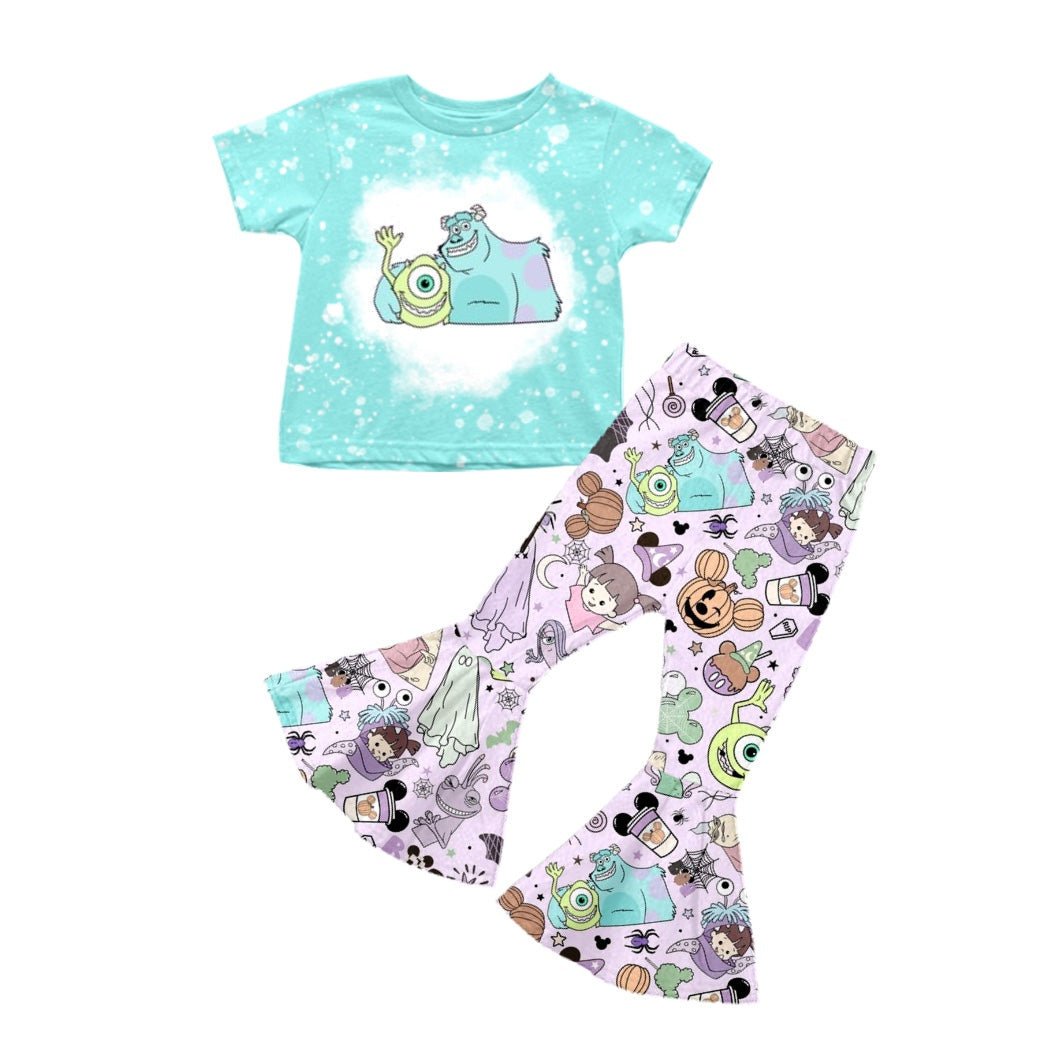 4.27custom moq 5 eta 4-5weeks Cartoon characters prints Mint Green short sleeves with Cartoon characters prints pink bell-bottom pants set