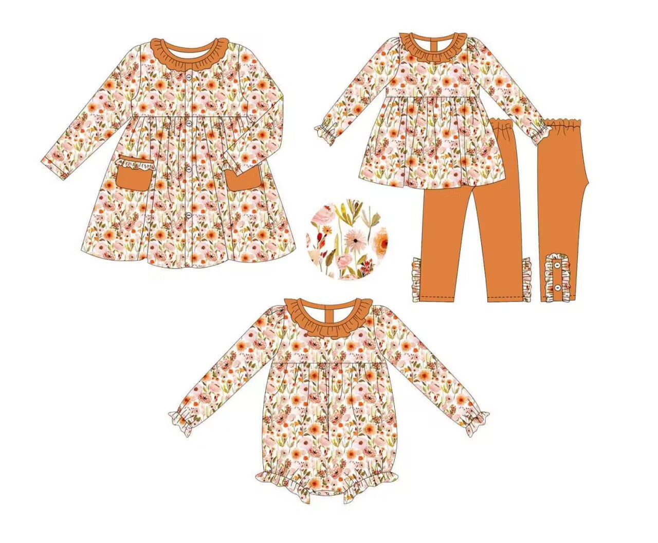 5.10custom each style moq 5eta 4-5week Sibling Sister pink floral prints orange girls outfits and baby romper match family design