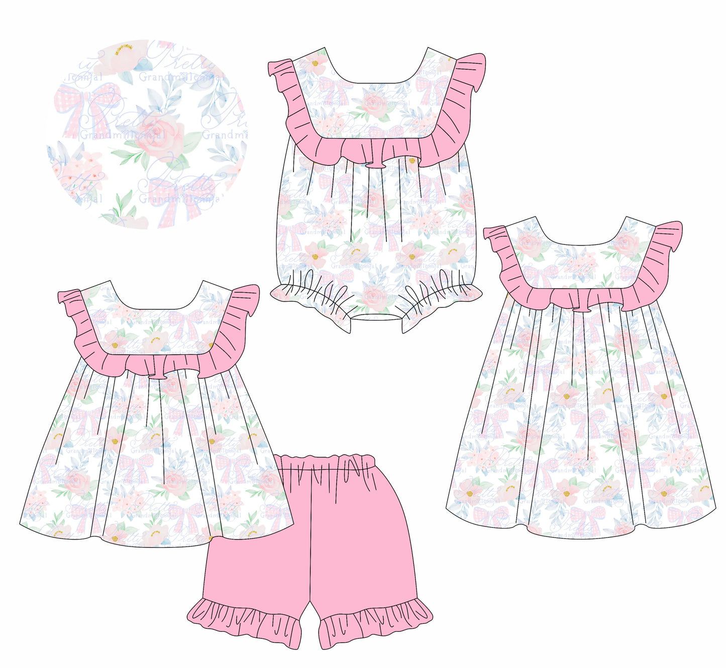 1.10 custom each style moq 5eta 4-6week Sibling Sister bow floral baby girl short sleeve shorts sets and dress and rompers match family design