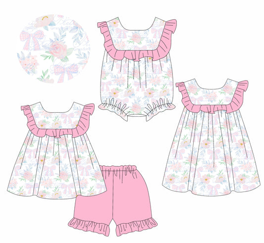 1.10 custom each style moq 5eta 4-6week Sibling Sister bow floral baby girl short sleeve shorts sets and dress and rompers match family design