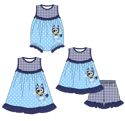 1.23 custom each style moq 5eta 4-6week Sibling Sisters cartoon dog baby girl short sleeve shorts sets and dress and rompers match family design