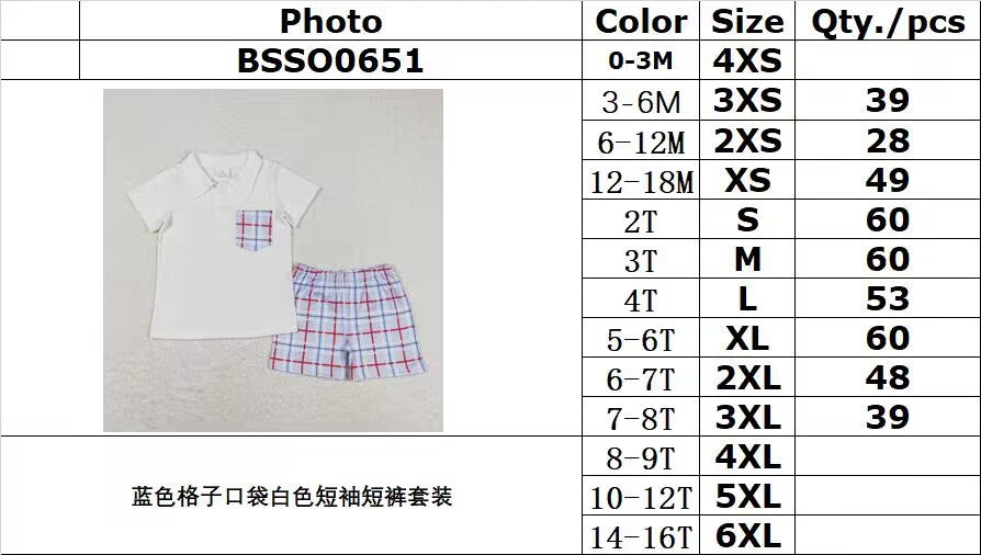 rts no moq BSSO0651 Blue Plaid Pocket White Short Sleeve Shorts Suit