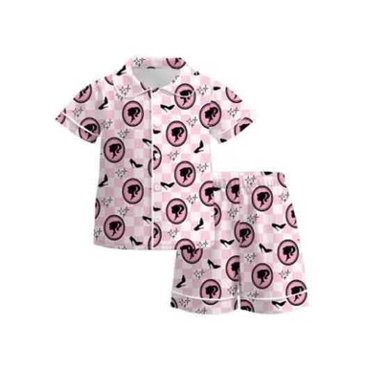 custom moq 5 eta 4-5 weeks baby girls clothes barbie pink short sleeve shorts summer pajama outfit