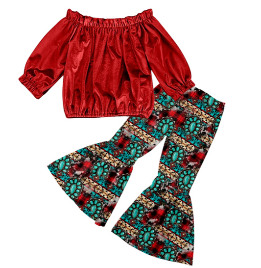 Deadline September 21  custom no moq eta 6-8weeks  Red One-shoulder Long-sleeved Top-Mixed Flared Pants Set