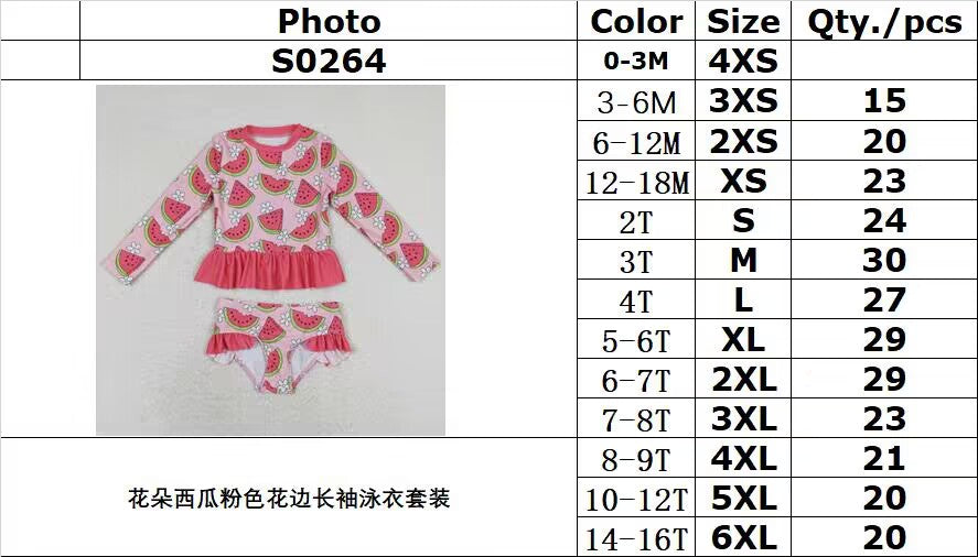 S0264 Floral Watermelon Pink Lace Long Sleeve Swimsuit Suit