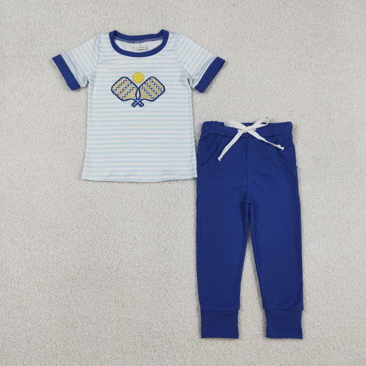 RTS NO MOQ（In Stock) Embroidered Racket Blue Striped Short-Sleeve Pants Set