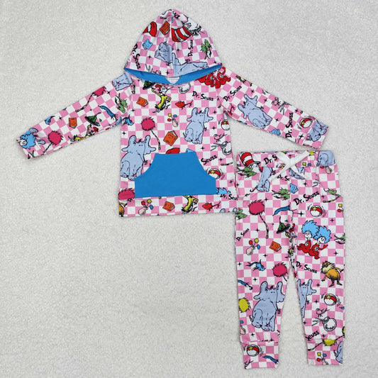 RTS NO MOQ ETA 5/7days Arrived GLP1932 Dr Seuss Blue Pocket Pink and White Plaid Hooded Long Sleeve Pants Set