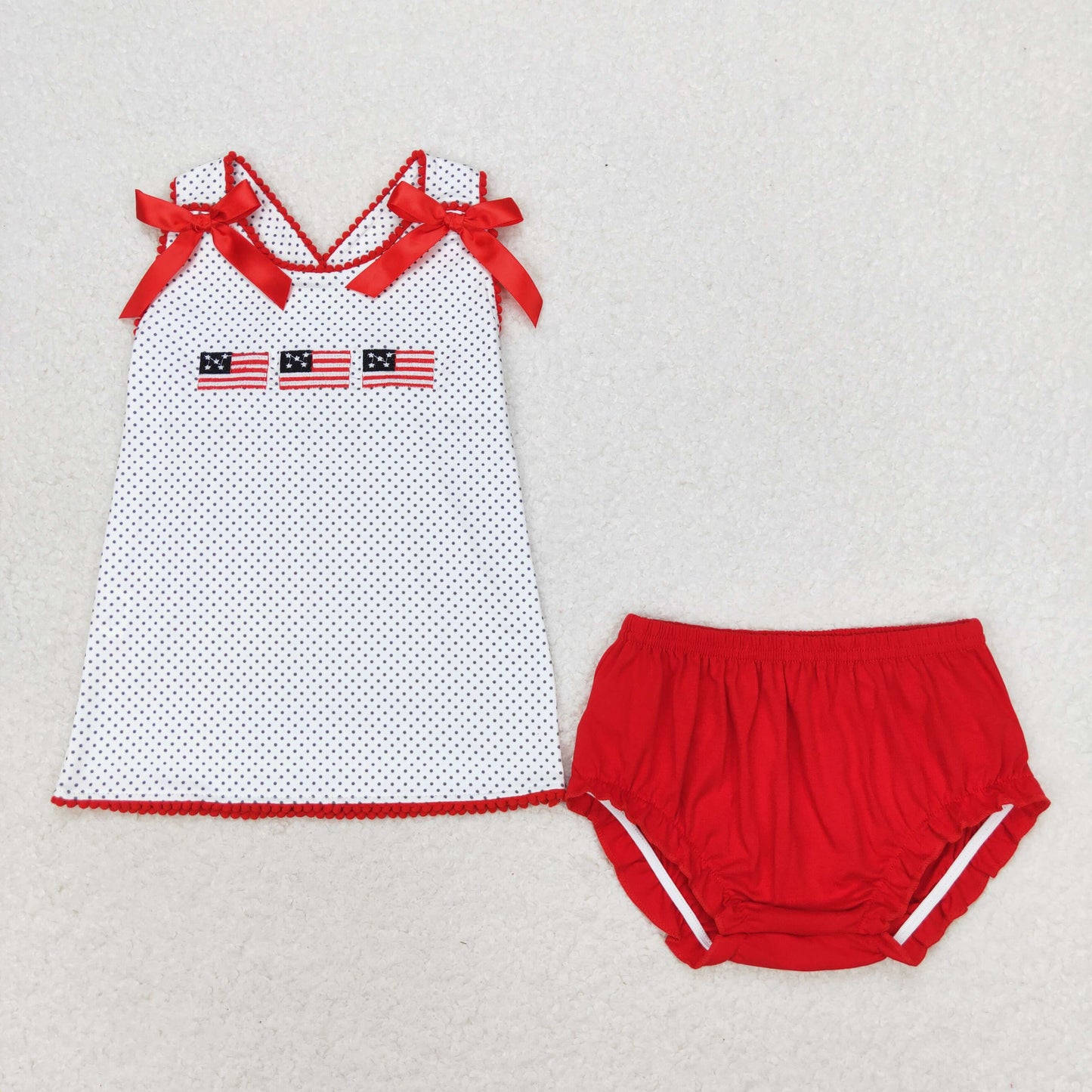 rts no moq GT0599+SS0267 Embroidered Flag Polka Dot White Sleeveless Top Red Lace Briefs sets