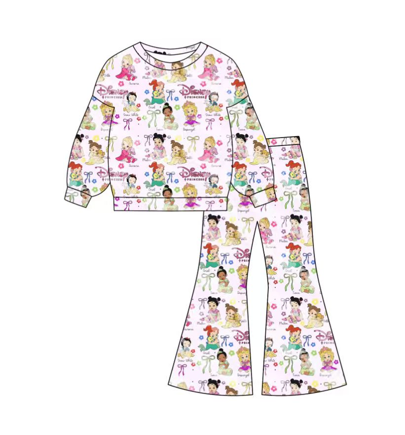 Custom moq 5 mix size milk silk baby girl clothes cartoon long sleeve pants sets