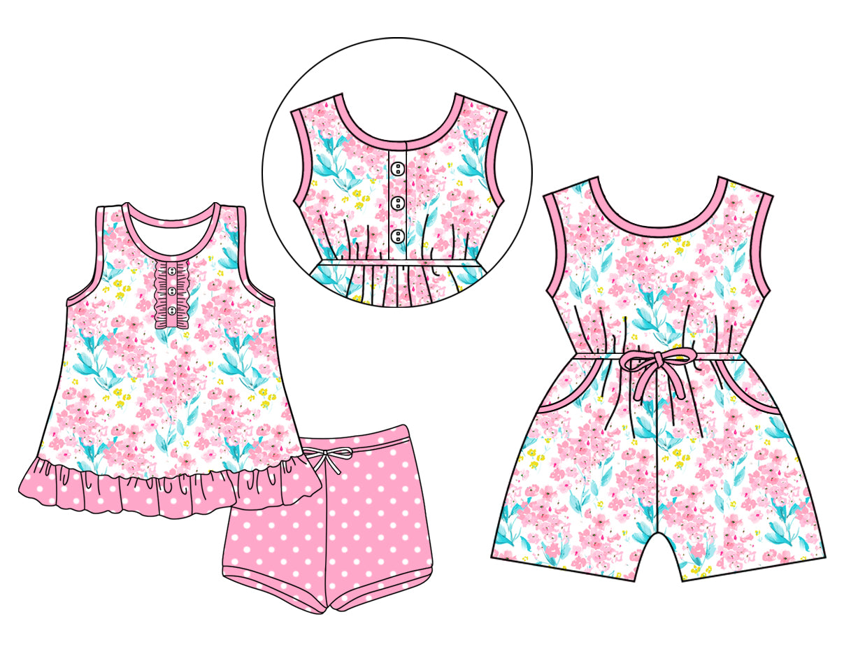 3.15 custom each style moq 5eta 4-6week Sibling Sister floral baby girl short sleeve shorts sets and jumpsuit match design
