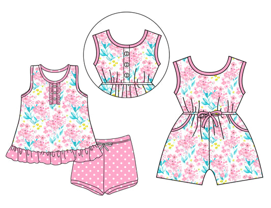 3.15 custom each style moq 5eta 4-6week Sibling Sister floral baby girl short sleeve shorts sets and jumpsuit match design