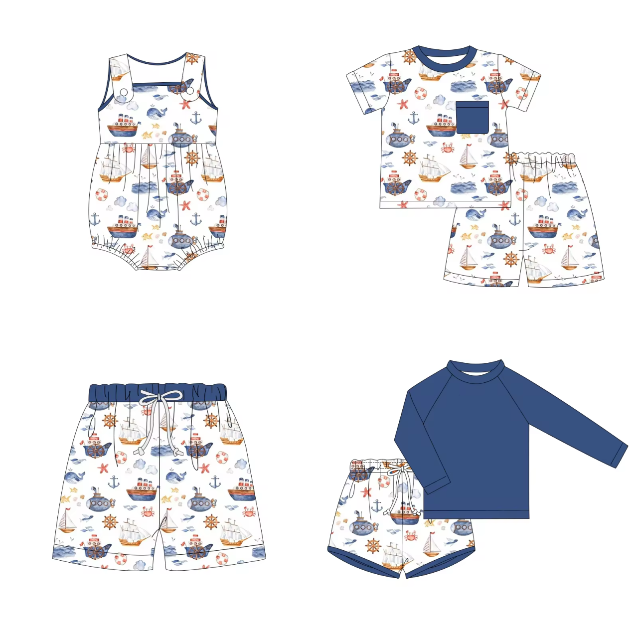 5.14custom each style moq 5eta 4-5week Sibling Sister cruise ship print white-blue boys outfits and baby romper match family design