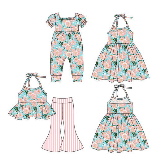 1.3 custom each style moq 5eta 4-6week Sibling Sister floral baby girl sets and dress and rompers match family design