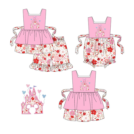 1.21 custom each style moq 5eta 4-6week Sibling Sisters floral baby girl short sleeve shorts sets and dress and rompers match family design