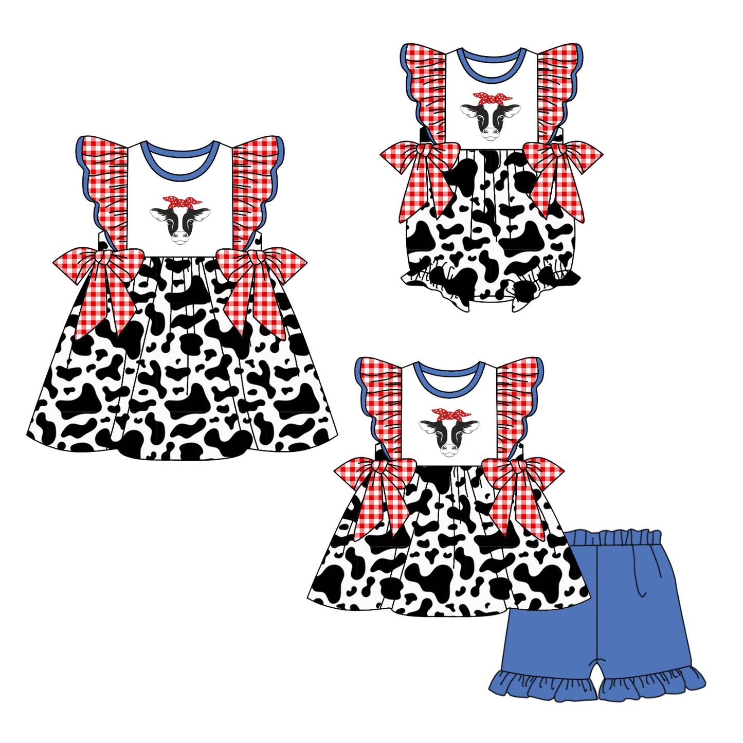 1.15 custom each style moq 5eta 4-6week Sibling Sisters cow baby girl short sleeve shorts sets and dress and rompers match family design