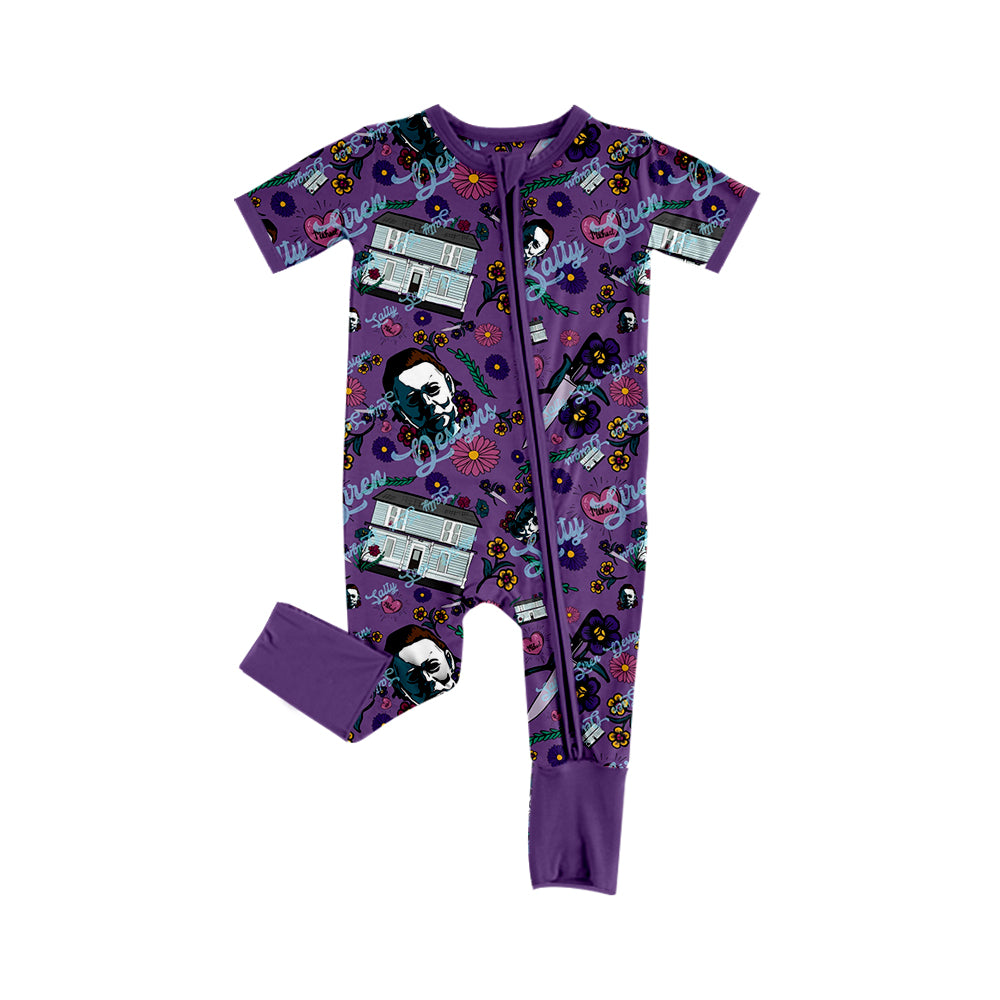 5.2custom each style moq 5eta 4-5week Sibling Sister Halloween scary cartoon character prints purple girls jumpsuits and dress and baby romper match family design