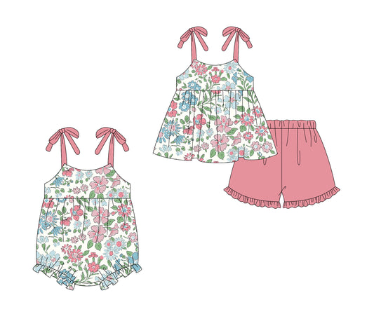 2.14 custom each style moq 5eta 4-6week Sibling Sister floral baby girls short sleeve shorts sets and romper match design