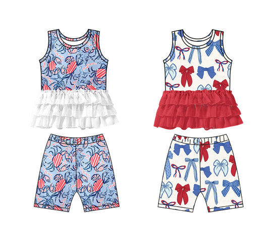 1.8 custom each style moq 5eta 4-6week Sibling Sister bow baby girls short sleeve shorts sets 1 and sets 2 match design