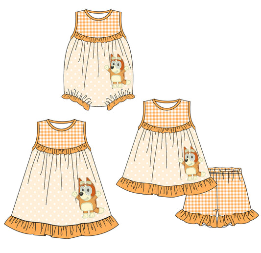 1.23 custom each style moq 5eta 4-6week Sibling Sisters cartoon dog baby girl short sleeve shorts sets and dress and rompers match family design