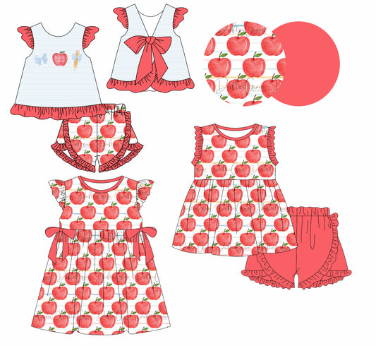 1.18 custom each style moq 5eta 4-6week Sibling Sister apple baby girl short sleeve shorts sets and sets 2 and dress match design