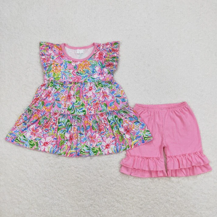 RTS NO MOQ Baby Girls Flowers Sibling Rompers Summer Clothes Sets