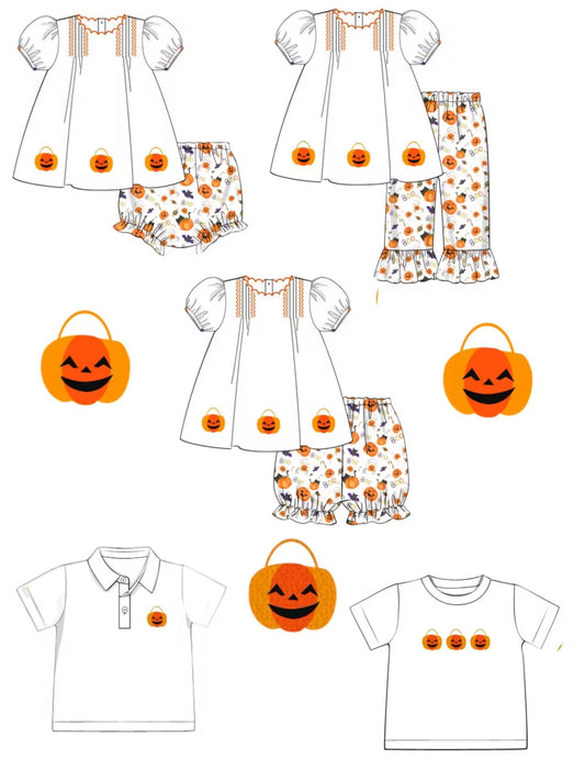 5.10custom each style moq 5eta 4-5week Sibling Sister Halloween style prints white girls and boys outfits and baby romper match family design