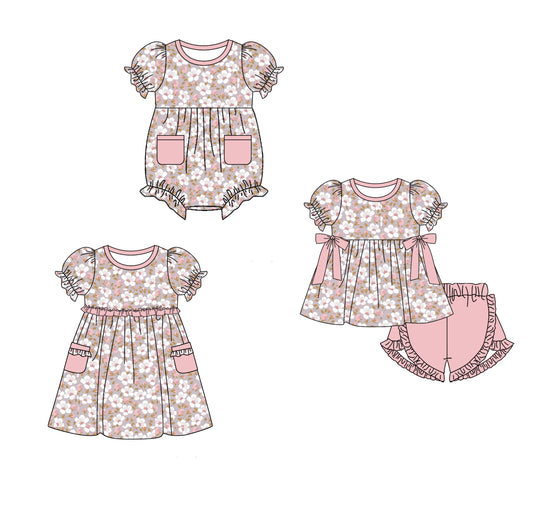 1.10 custom each style moq 5eta 4-6week Sibling Sister floral baby girl short sleeve shorts sets and dress and rompers match family design