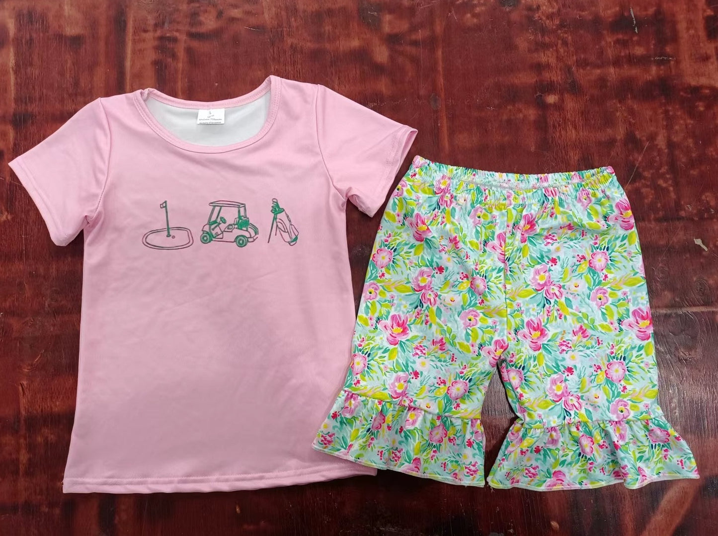 custom moq 5 eta 5weeks mix size Summer girls pink short sleeve top floral shorts suit