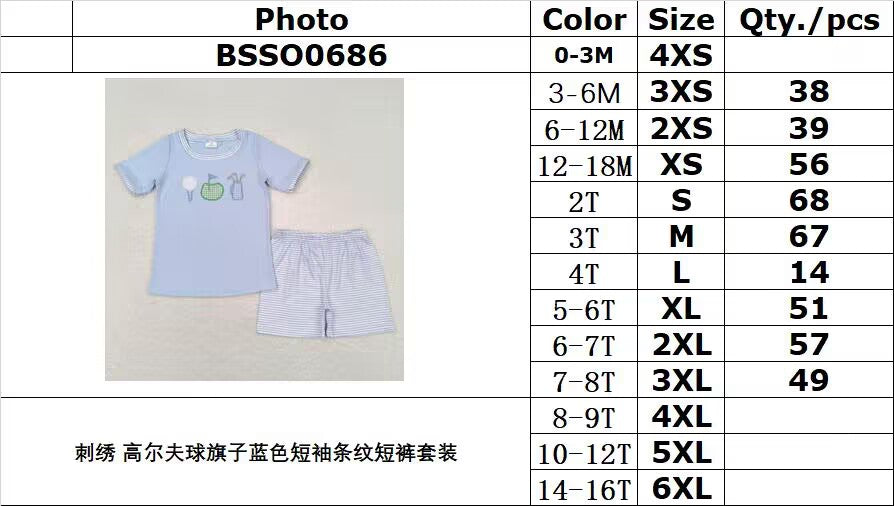 BSSO0686 Embroidered golf flag blue short-sleeved striped shorts suit