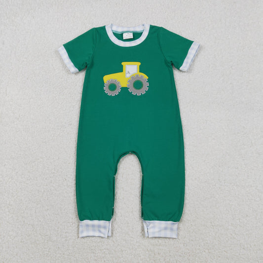 RTS NO MOQ（In Stock) Embroidered Tractor Green Short-Sleeve Jumpsuit
