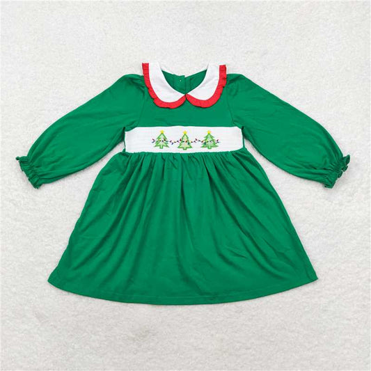 RTS NO MOQ（In Stock) GLD0559 smocked embroidered green long-sleeved dress