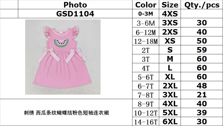 RTS no moq GSD1104 Embroidered watermelon striped bow pink short-sleeved dress