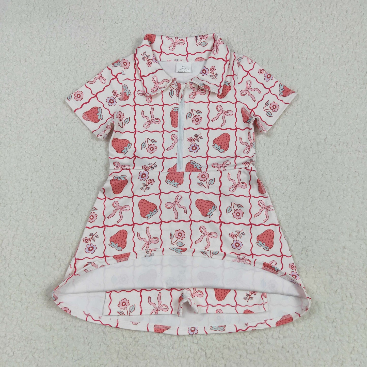 RTS NO MOQ GSD2407 Strawberry flower pink bow pattern plaid yoga short-sleeved dress