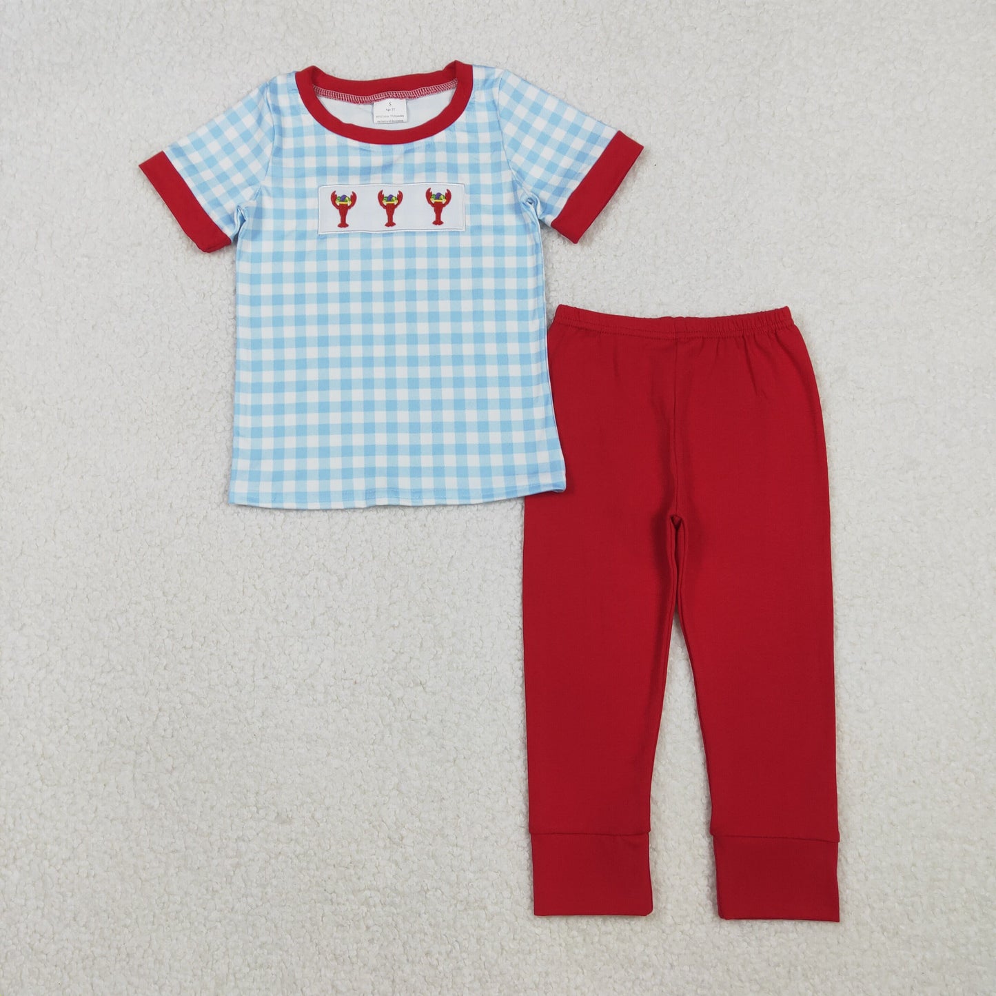 RTS NO MOQ（In Stock) BSPO0602 Embroidered Carnival Lobster Blue and White Plaid Short-Sleeved Red Trousers Set