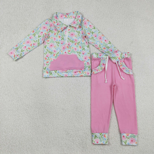 RTS NO MOQ（In Stock) GLP3282 Blue Flower and Leaf Pink Pocket Zipper Long-Sleeved Pants Set