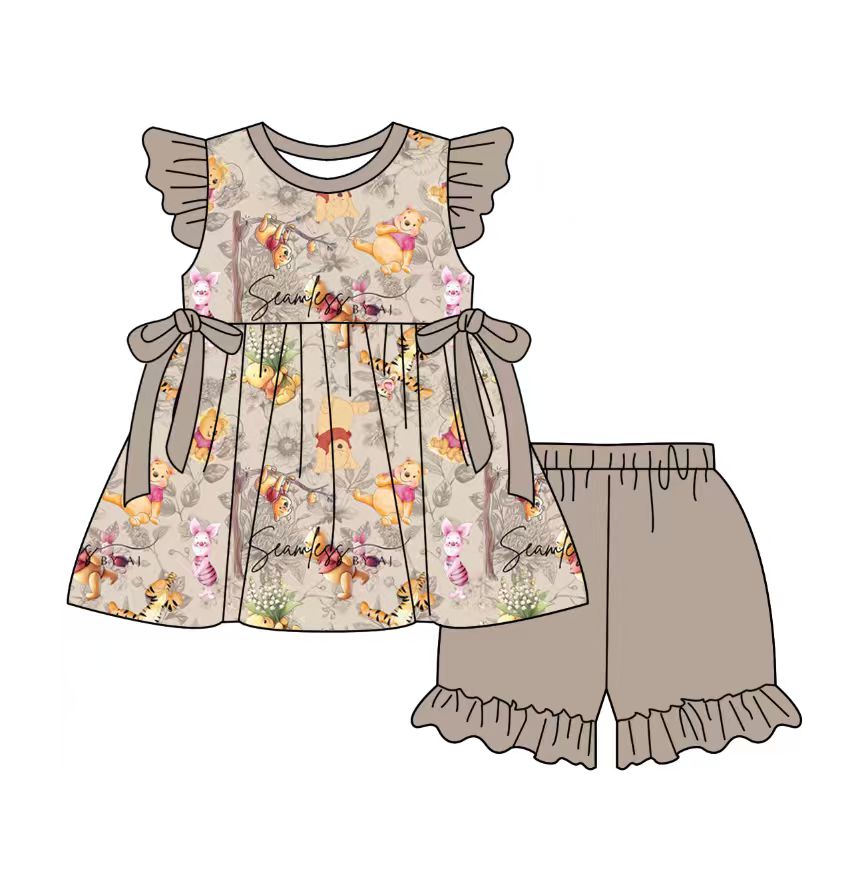 Custom moq 5 mix size milk silk baby girl clothes cartoon short sleeve shorts sets 2