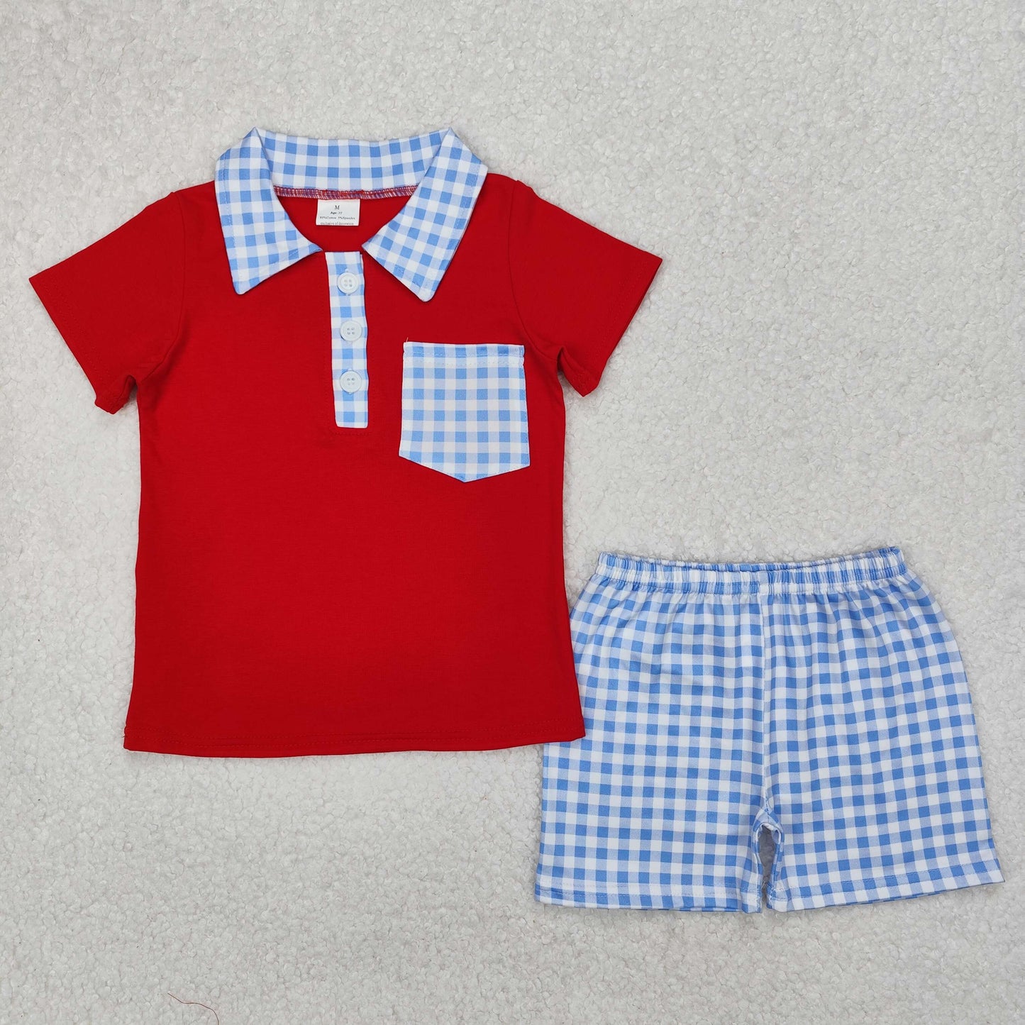 RTS NO MOQ ETA 5/7days Arrived BSSO1152 National Day blue plaid pocket red short-sleeved shorts suit