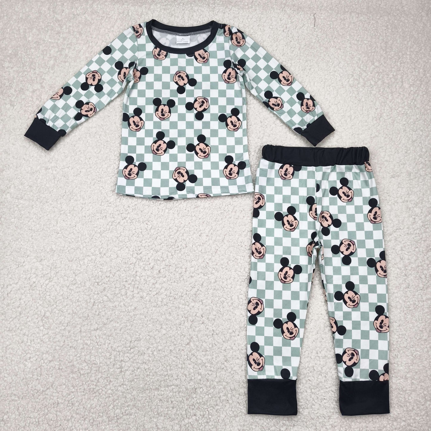 RTS NO MOQ BLP0937 Mickey green plaid long-sleeved trousers pajama set