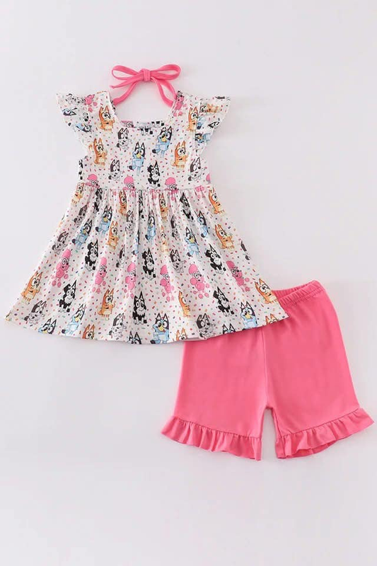 Custom moq 3 eta 7/8week moq 5 eta /4/5week baby girl and boys clothes cartoon dog flying Sleeve briefs Shorts Set