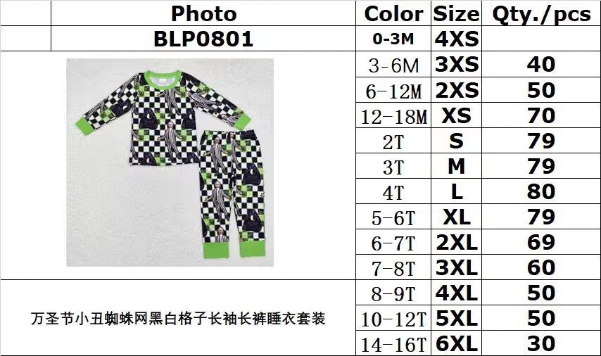 rts no moq BLP0801 Halloween clown spider web black and white plaid long sleeve long pants pajamas set