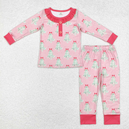 BAMBOO RTS NO MOQ ETA 5/7days GLP1610 Modal Christmas tree bow pattern lace pink long-sleeved pants pajamas set