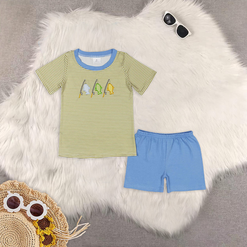 Baby Boys Blue Stripes Sibling Embroidery Summer Clothes Sets