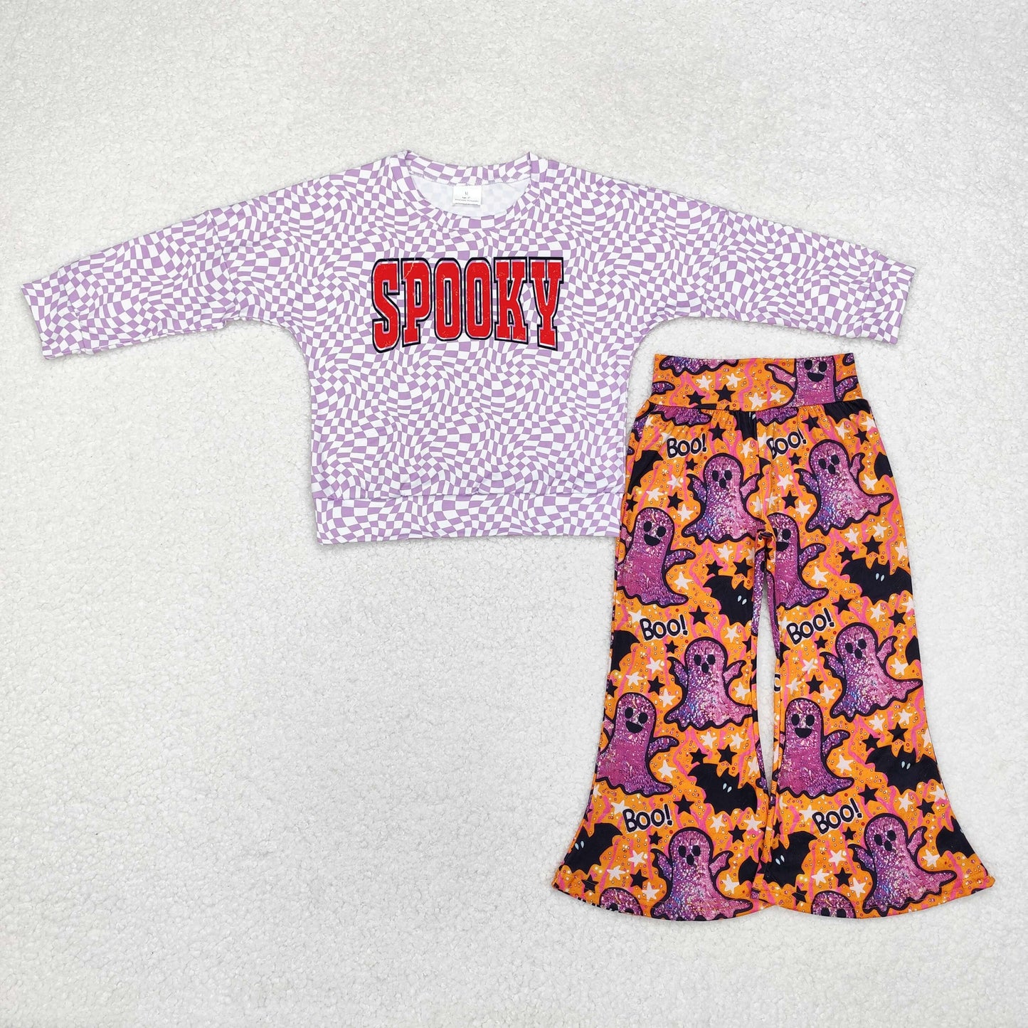 RTS NO MOQ ETA 5/7days GT0716+P0609 SPOOKY Halloween purple plaid long-sleeved top ghost black bat pattern orange trousers set