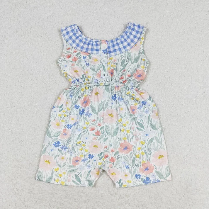 RTS NO MOQ Baby Girls Blue Flowers Checkered Sibling Rompers Dresses Clothes Sets